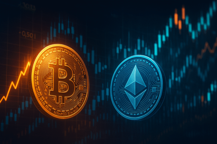 Bitcoin and Ethereum rally with glowing financial charts – Cryptostock Insight