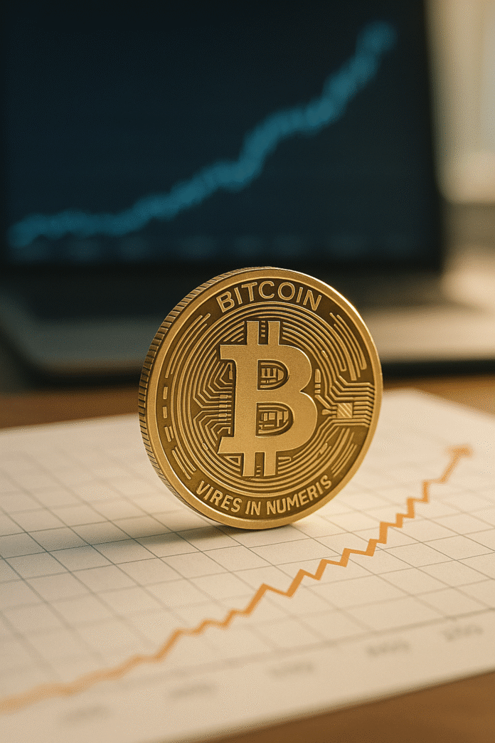 Bitcoin coin with profit chart – Cryptostock Insight